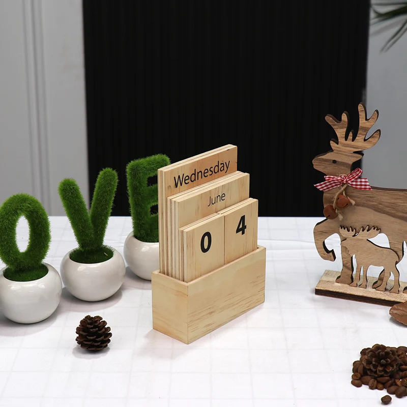 Perpetual Calendar Wooden Calendar Blocks Vintage Wood Block Calendar for Home Office Desk Accessories Week Month Date Display