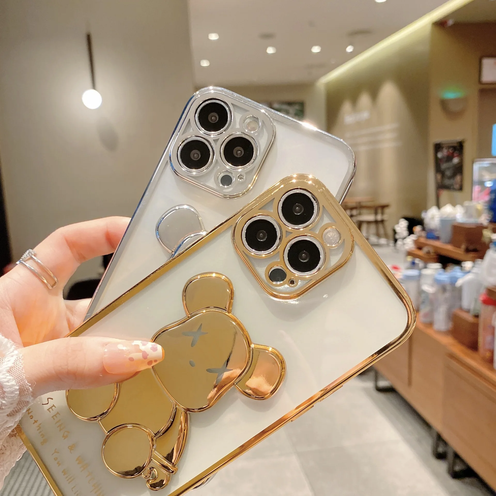 Luxury Electroplate Bear Transparent 3D Bear Cell Phone case For iphone 13 12 11 XS XR MAX 7 8 Soft TPU Mobile phone Accessories