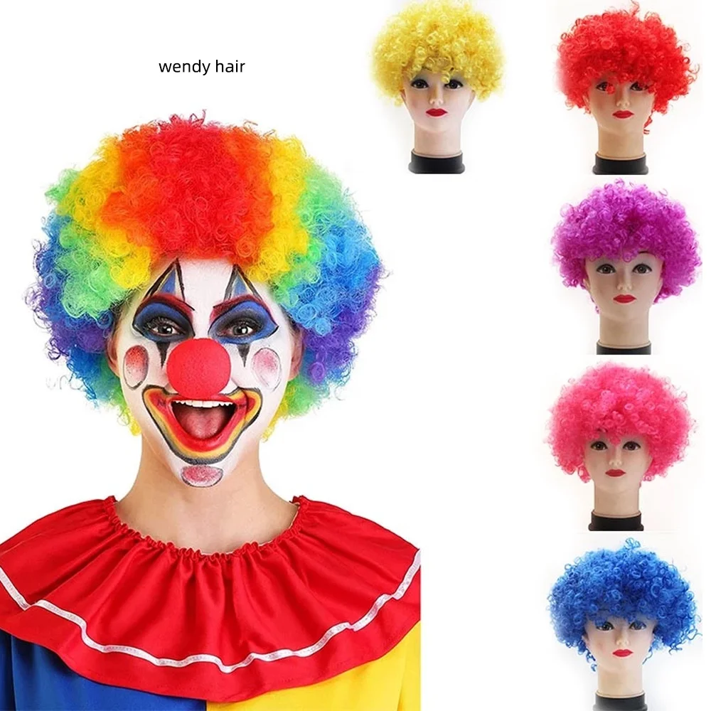 Multicolor Short Curly Explosive Head Wig Props Funny Fluffy Clown Wig Wavy Round Clown Hair Fans Wig Adult Child