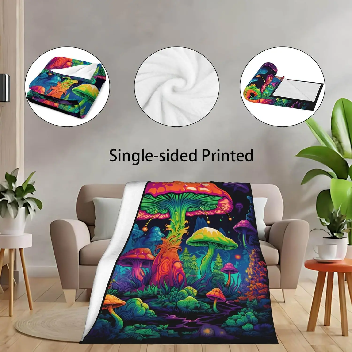 Custom Neon Mushroom in Dark Forest Hippie  flannel fleece Throw Blanket for Sofa Couch