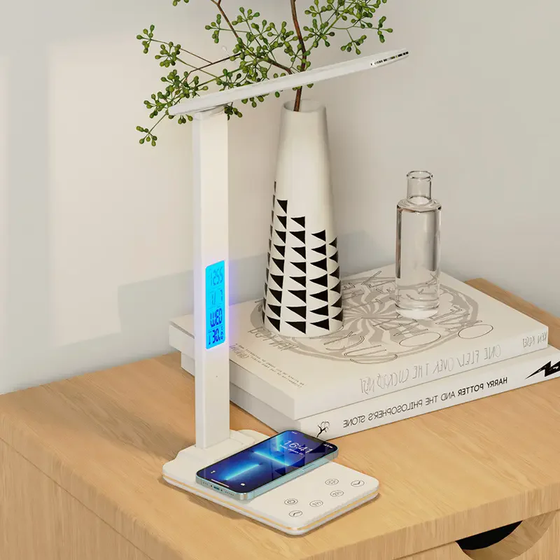 Desk Light with Wireless Charger USB Charging Port Dimmable Desk Lamp with Clock Alarm Date Temperature Lamp for Home Office