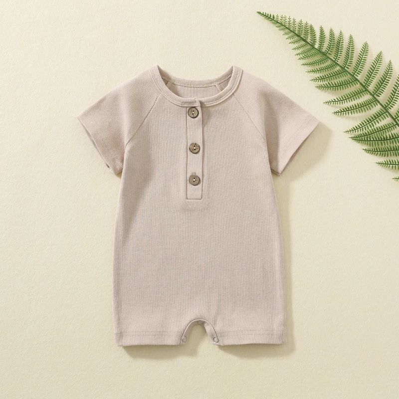 Baby Boys Girls Ribbed rompers Jumpsuit Summer Babies Soft Cotton Solid Color Front Button Short Sleeve One piece