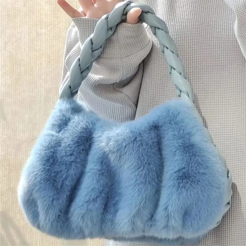 Winter Designer Fur Handbag with Braided Handle Knotted Rabbit Fur Plush Wrist Bag Half Moon Hobo Bag for Lady