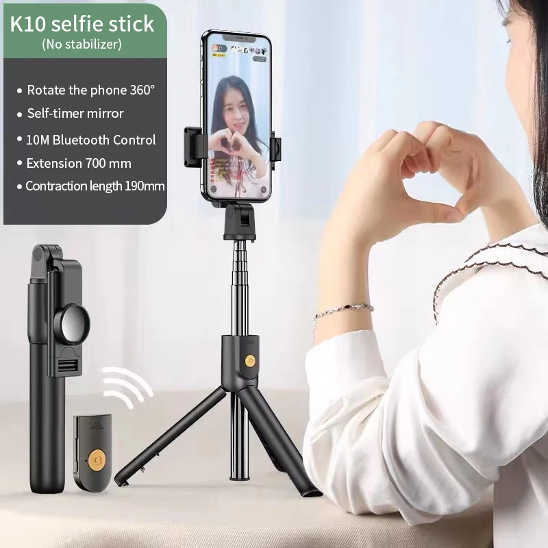 Hot Sale K10 Universal 360 Degree Rotatable with Tripod Bendable Black Mirror remote control Smartphone Phone fold Selfie Stick