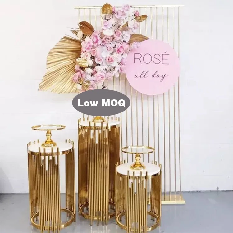Partycool Set of 3 PCs Gold Round Metal Plinths Wedding Backdrop Stand Columns Cylinders metal dessert pillar