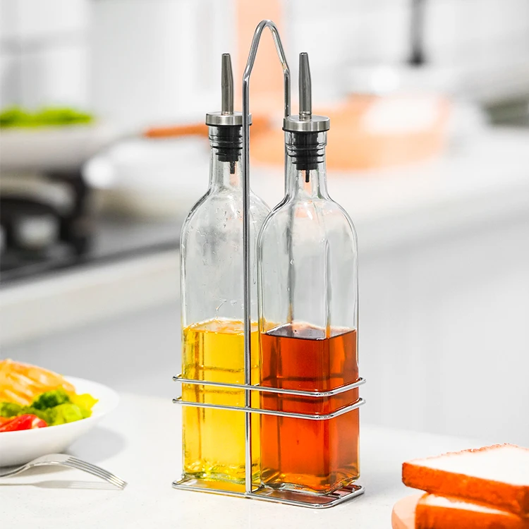 kitchen competitive price olive oil & vinegar glass bottle dispenser container set with stainless steel spout