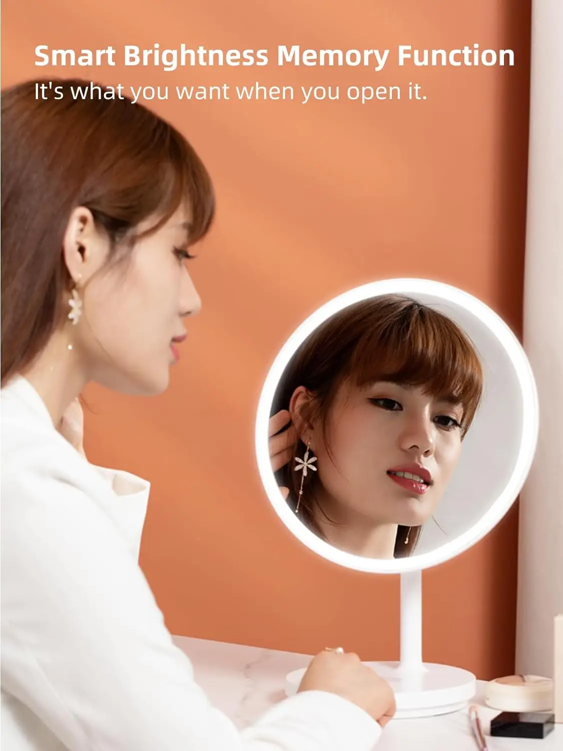 USB Rechargeable Modern Touch Screen Portable Makeup Mirror LED Cosmetic Vanity Mirror with 3 Color Lights for Travel