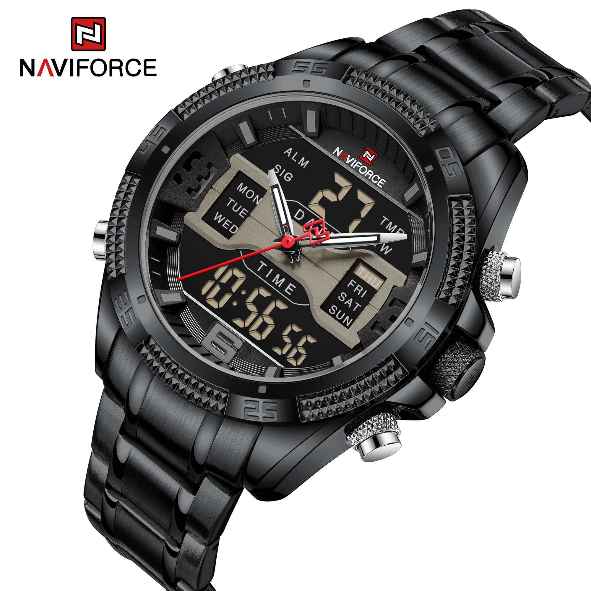 Часы наручные NAVIFORCE Мужские кварцевые люксовые Брендовые спортивные цифровые аналоговые водонепроницаемые с двойным дисплеем 9201