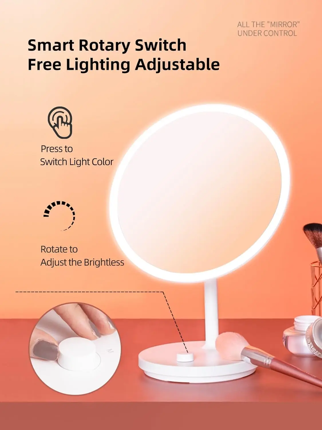 USB Rechargeable Modern Touch Screen Portable Makeup Mirror LED Cosmetic Vanity Mirror with 3 Color Lights for Travel