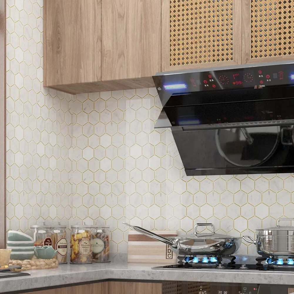Hexagon Mosaic Tile with Brass Inlay Marble Mosaic New Design Tile Carrara High Quality Black White Marble Mosaic