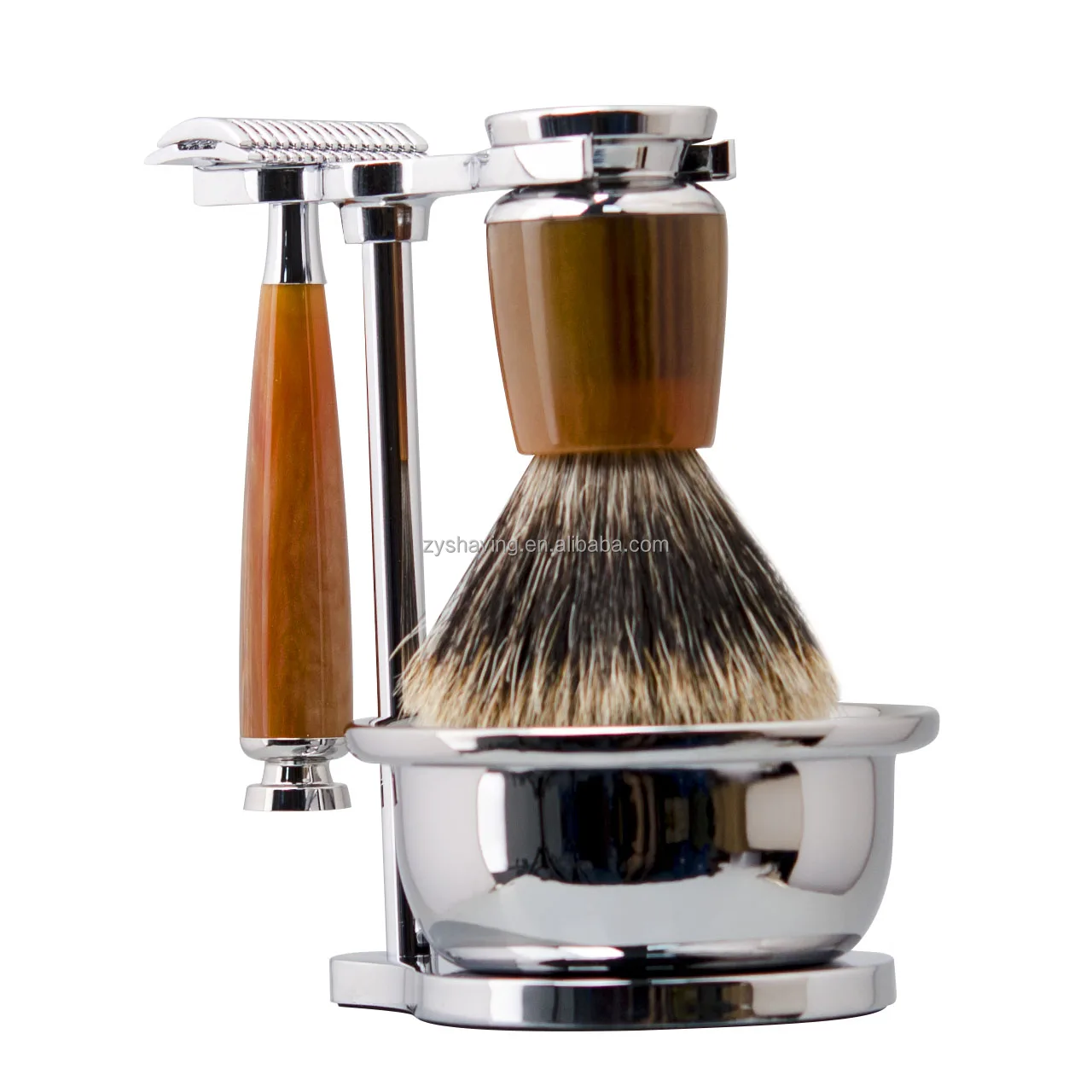 ZY Shaving Safety Razor Kit Synthetic Hair Shaving Brush with Resin Handle Shaving Razor and Brush Stand Razor Set for Men