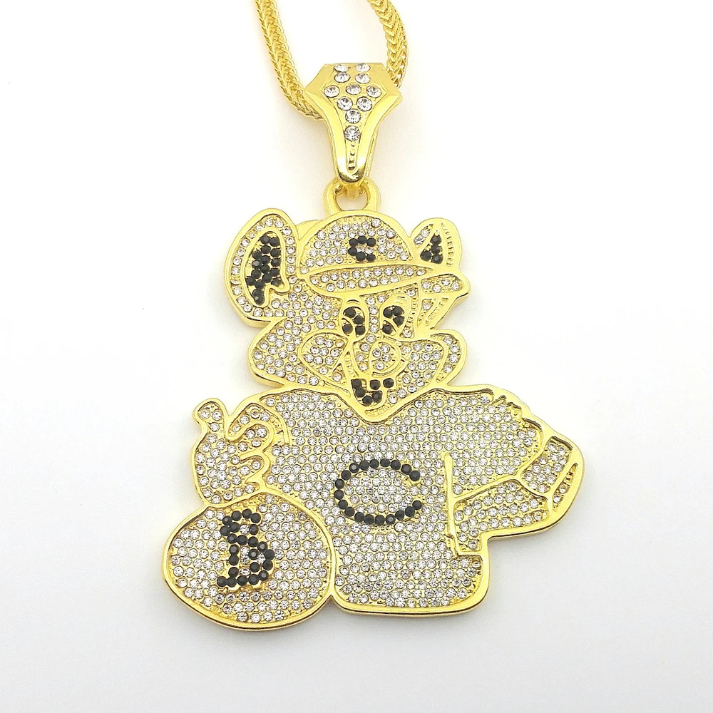 Hip Hop Necklace Cute Alloy Diamond Gold Plated Cartoon Bear Holding Money Bag Pendant Chain Accessory