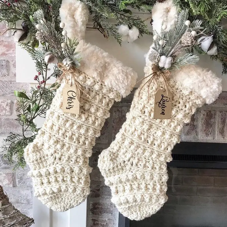 Luxury Crocheted Rustic Christmas Stocking 2021 With Faux Fur Handmade Socks Christmas Decor