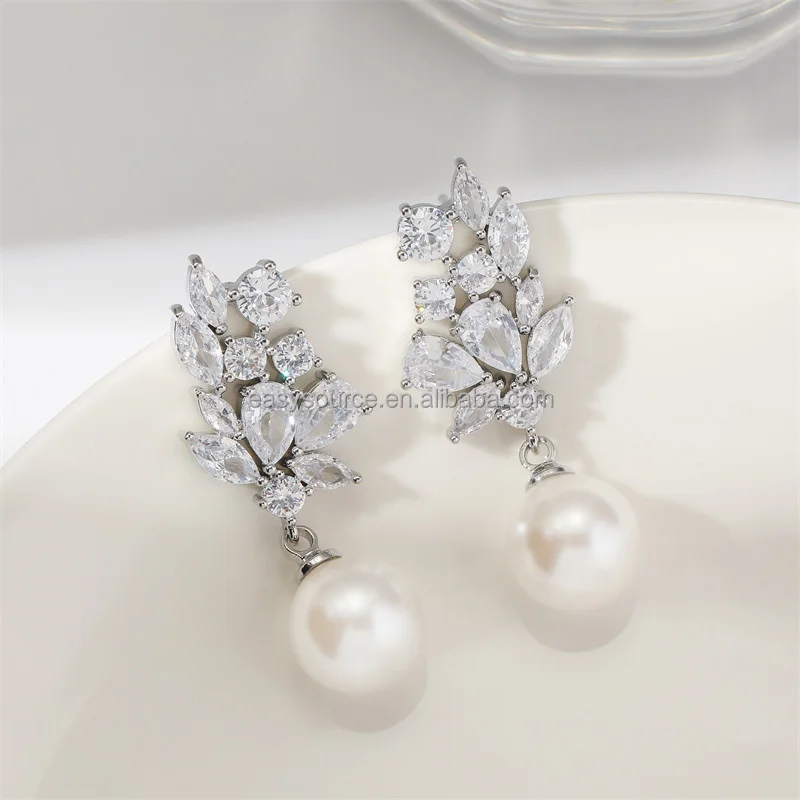 RE6132 Women zircon Pearls Earring CZ Drop Earrings Wedding Jewelry