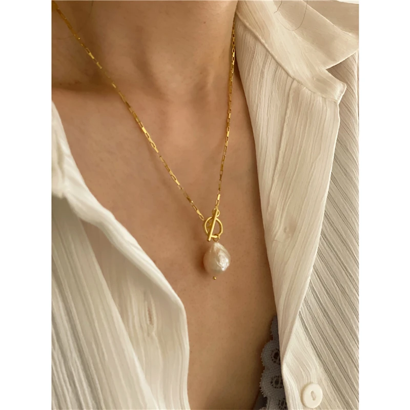Baroque Natural Freshwater Pearl Necklaces Toggle Clasp Chain Necklaces for Women French 925 Sterling Silver Necklace Trendy