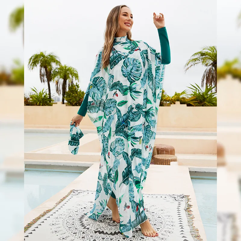 Wholesale Muslim Women Modest Swimwear With Kaftan 4 piece Bathing Suit Islamic Swimsuit Full Covered