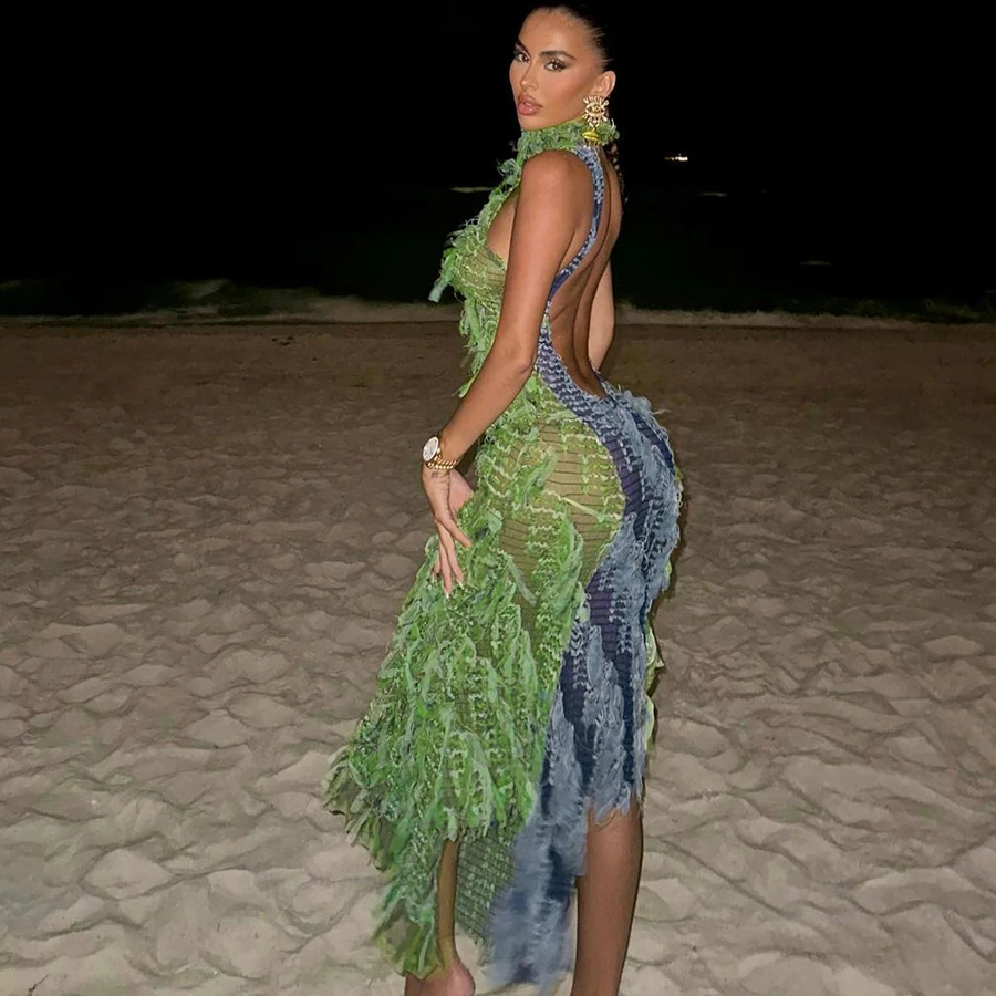 Kliou K23D37219 summer irregular casual dress colorful midi dress sleeveless o-neck fit and flare ladies slim dress