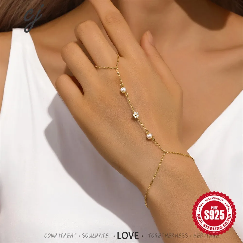 Carline Fashion Hand Chain Ring Bracelet Simple 925 Silver Pearl Zircon Flower Ring Bracelet Ring Connected Jewelry for Women