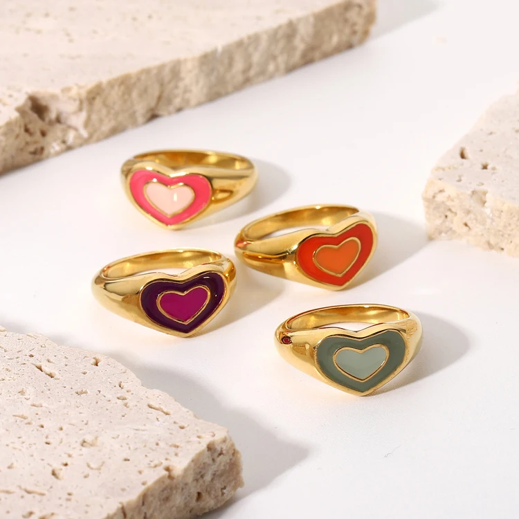 Fashion Stainless Steel 18K Gold Plated Colorful Double Heart Enamel Rings Women