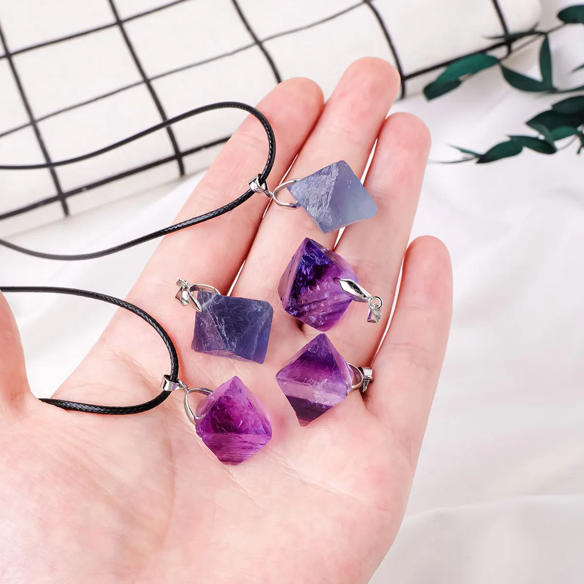 Wholesale new product Crystal Healing stones pendant Blue purple Fluorite octahedron pendant leather string gifts