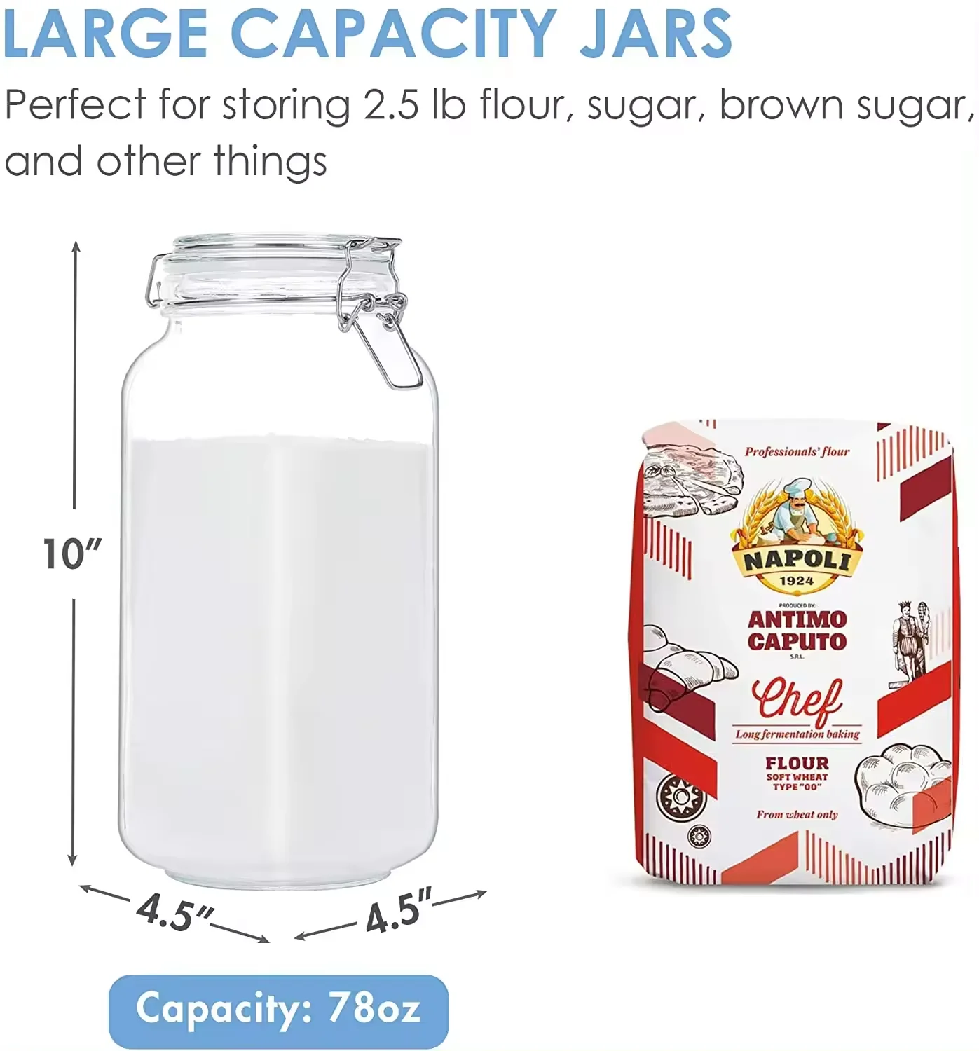 Glass Food Storage Jars 3 Pack Large Kitchen Canisters Square Mason Jars with Airtight Clamp Lids