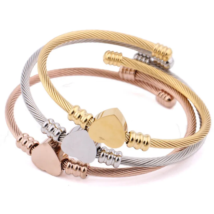 
Stainless Steel Jewelry Three Colors Heart Shape Charm Bracelet Bangle for Women 