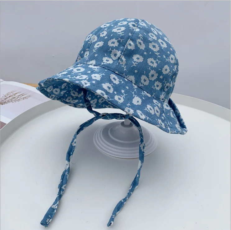 
2021 Korean summer thin section baby fisherman hat casual simple cotton children floral fisherman hat beach lace-up visor cap 