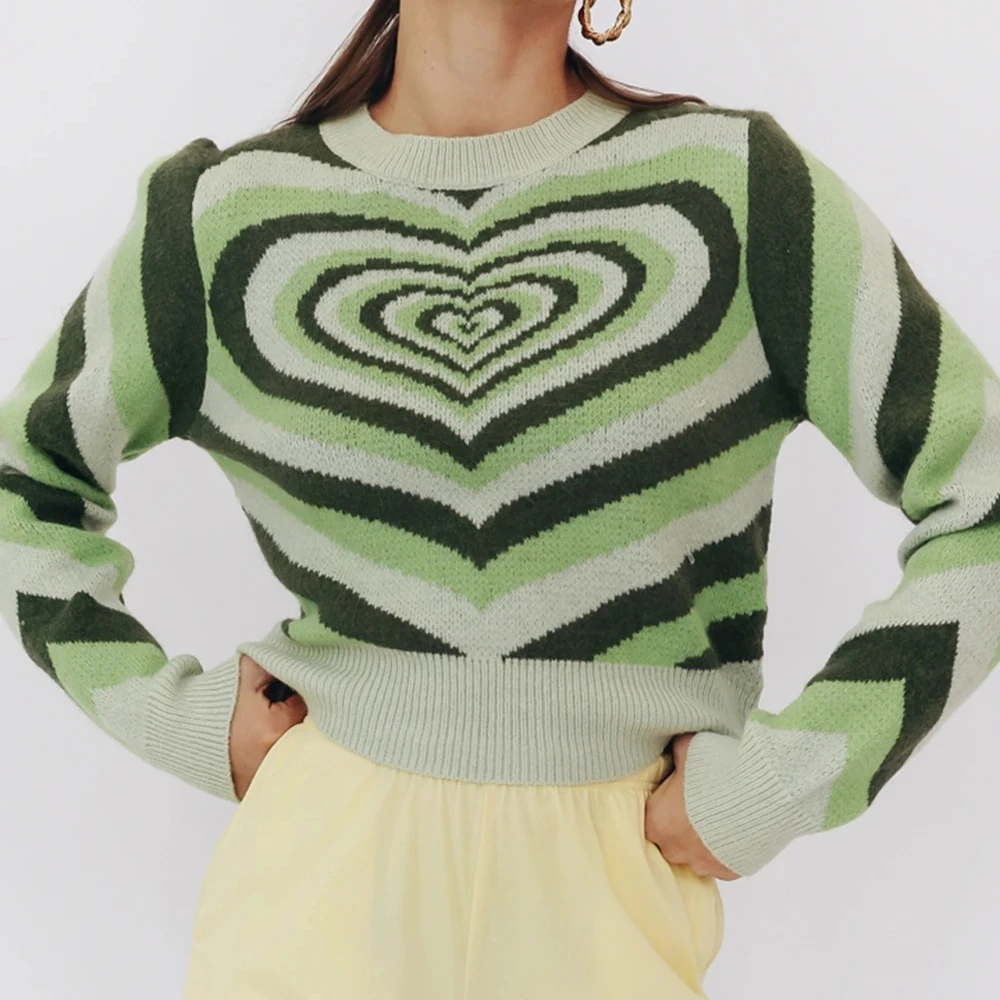 New Fashion Love pattern Slim Female Streetwear long sleeve patchwork INS vintage Ladies knit shirt woman sweater