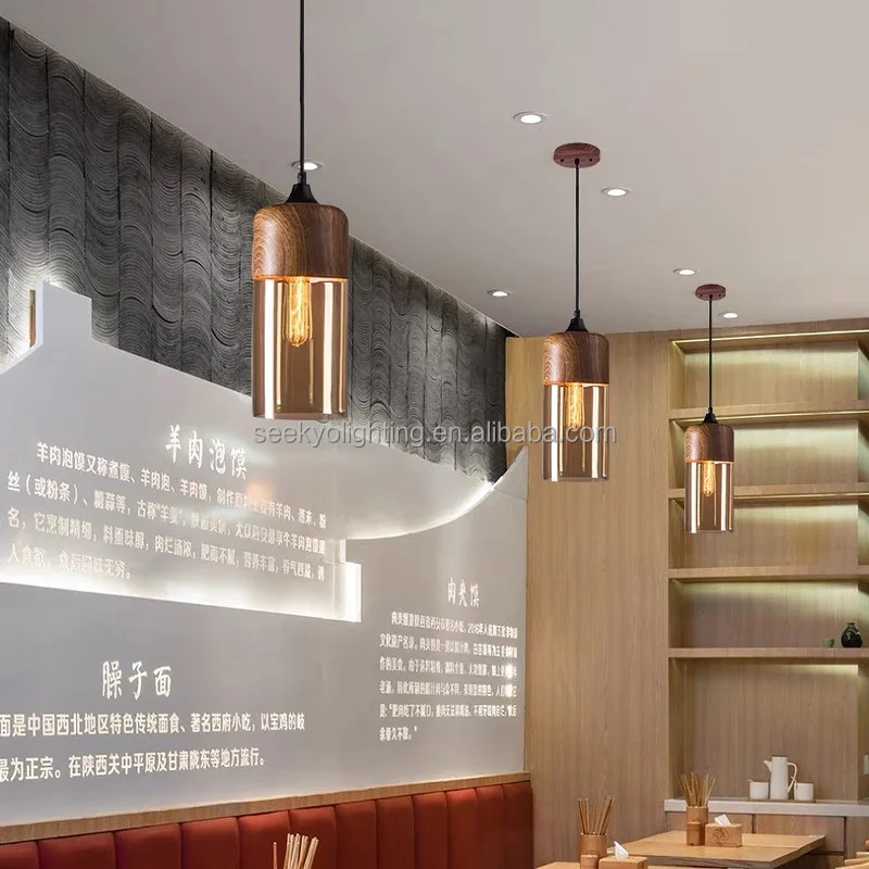 Vintage Wood Pendant Light Modern Decorative Wooden Chandelier Amber Glass Led Chandelier Wood Dining Table For Restaurant