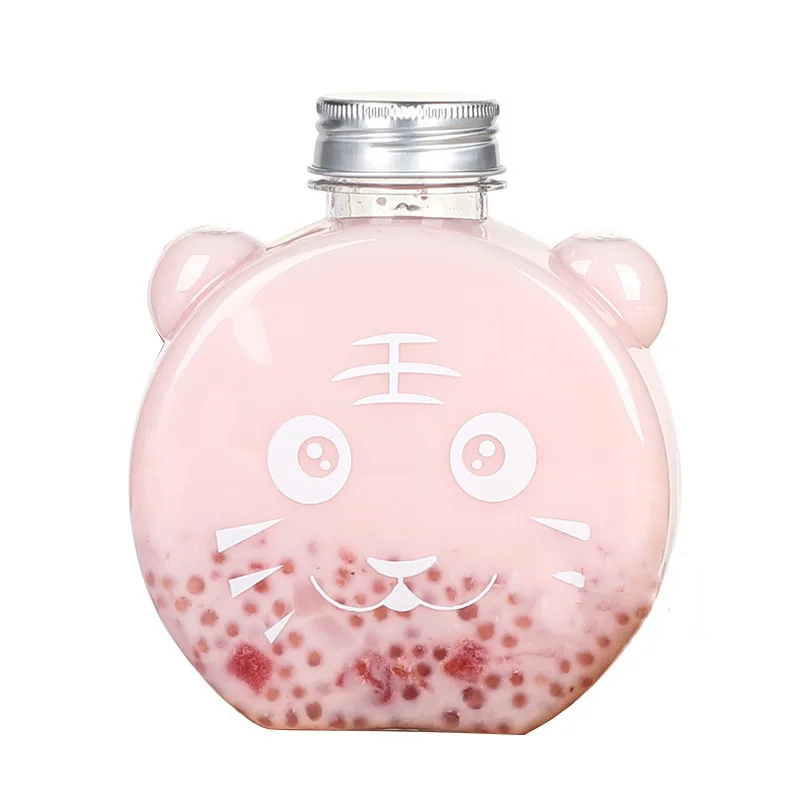 Animal Face Plastic Container Custom Logo 500ml Tiger Shaped Milk Tea Bottle Disposable Pet Semi-Round Juice Drink Bottles