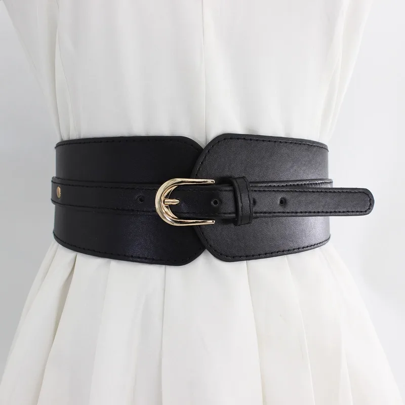Wholesale Fashion Wide Leather Belt Gold Interlock Buckle Elastic Stretch Corset for Women Ladies Female Dress Coat