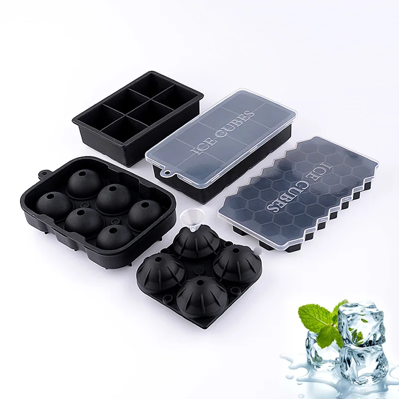 Wholesale Custom Reusable Mini Square Ice Molds Whiskey Round Ball Silicone Ice Cube Tray with Lid