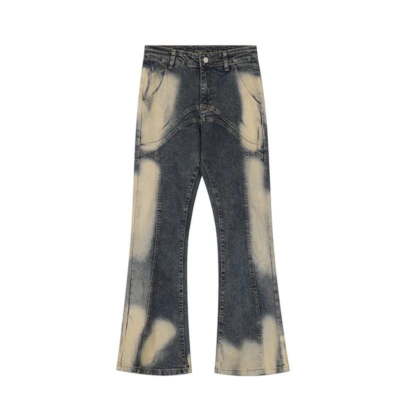 Custom wholesale high quality vintage irregular yellow mud dyed jeans logo custom patchwork micro-flared jeans
