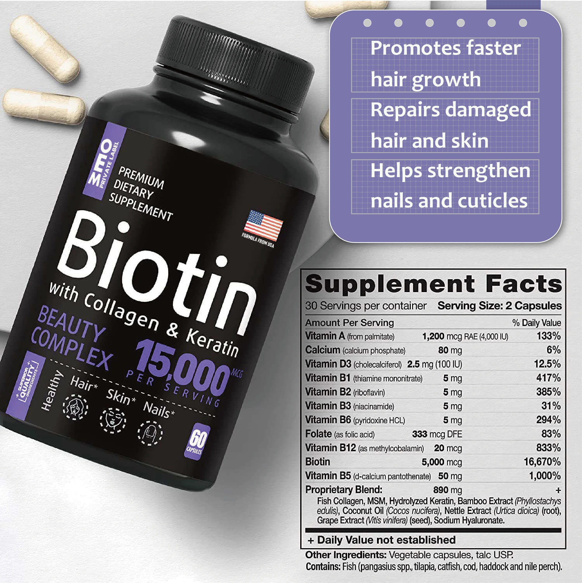 Factory Supply OEM Biotin Hair Dietary Supplement Capsule Organic Skin Nails Care Vitamin Hair Growth Biotin Capsules for Hair