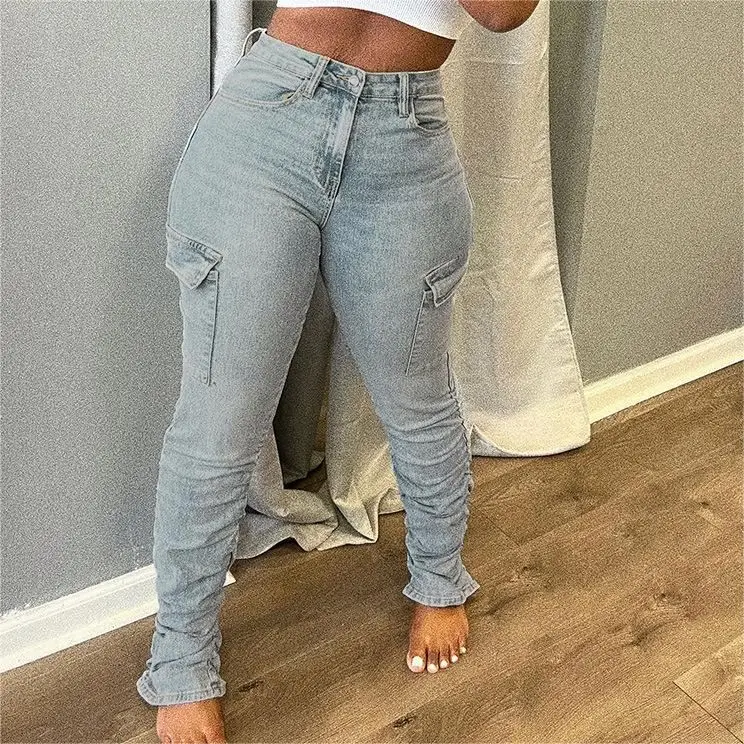 Y1111M Pleated side pocket Ladies Fashion Outfits personality low waist high stretch jeans 2022 hot sale