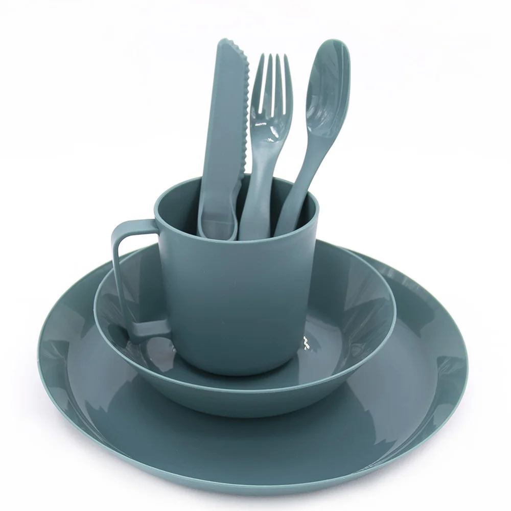 Wholesale PP round plate multi-color dining outdoor tableware six-piece set of knife and fork plate