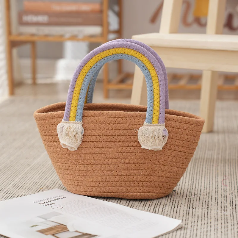 Adorable practical small cotton rope basket bag with a rainbow handle Perfect for your essentials Handcrafted with love Colorful