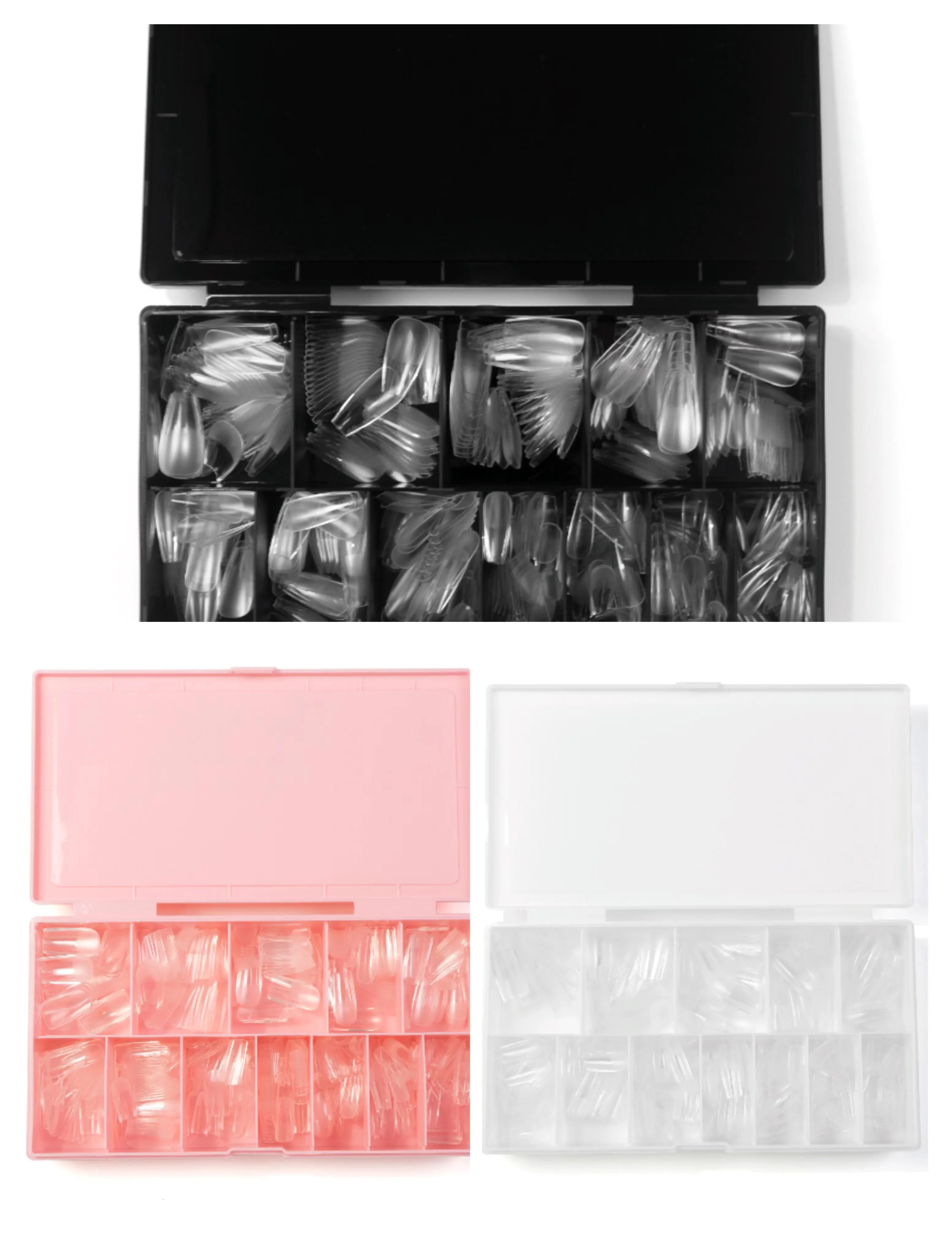 OEM ODM 240PCS 504PCS 600PCS Wholesale Clear Non C Curve Medium Almond Coffin Half Full Cover 12 Sizes Soft Gel x Nail Tips