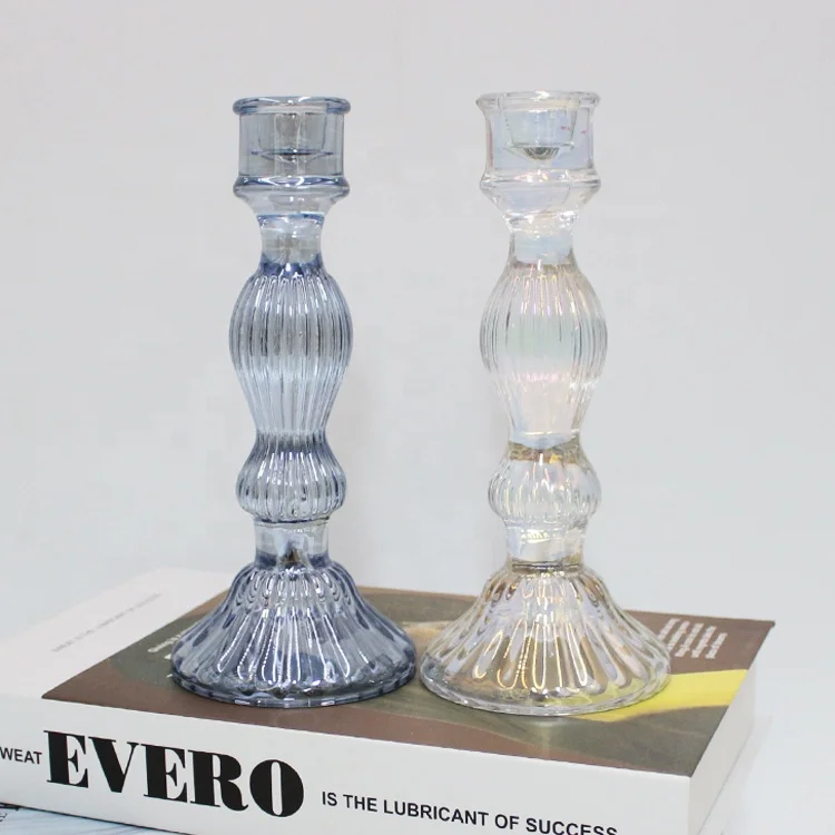 LANGXU Set of 3 Crystal Taper Tall Glass Candle Holders Candlestick clear Glass Pillar Candle Holder Welcome Oem