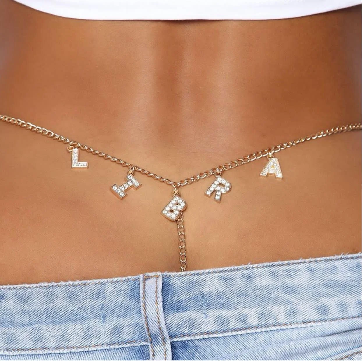 SHIHAN Custom Word Crystal 12 Constelations Letter Waist Chain Shiny Full Diamond Zodiac Signs Belly Thong Body Chain