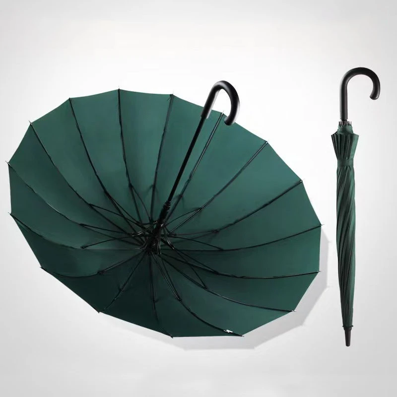 Wholesale fiberglass frame wind proof 16 rib umbrella straight with logo custom print with cuvred handle