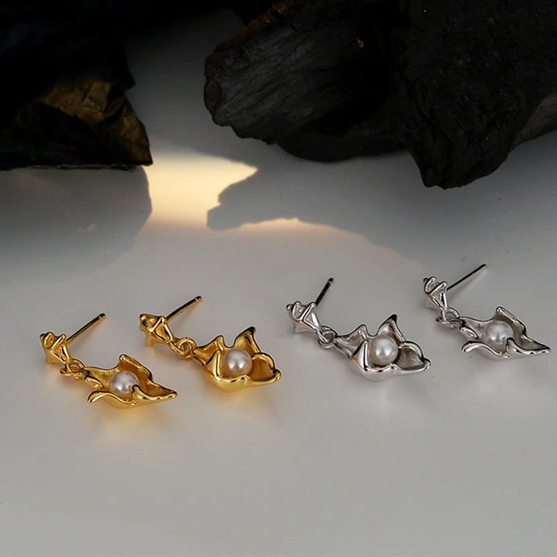 Icebela S925 Sterling Silver Irregularity Retro Leaf Drop Geometric Bump Surface Texture Pearl Earrings