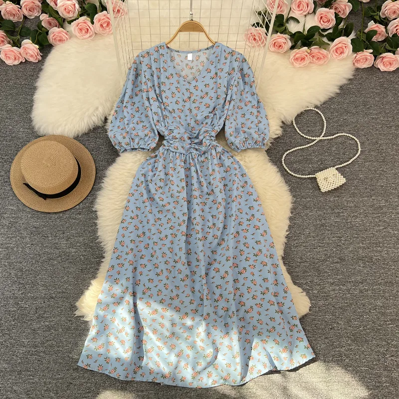 Custom print korean floral midi casual dresses women Vintage vestidos women elegant summer casual dresses