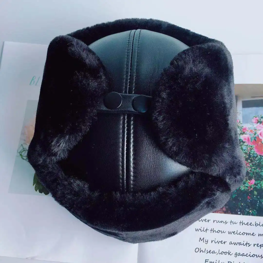Mens WinterUnisex Shearling Sheepskin Leather Aviator Russian Ushanka Trapper Winter Fur Hats Cold Weather Hat for Men