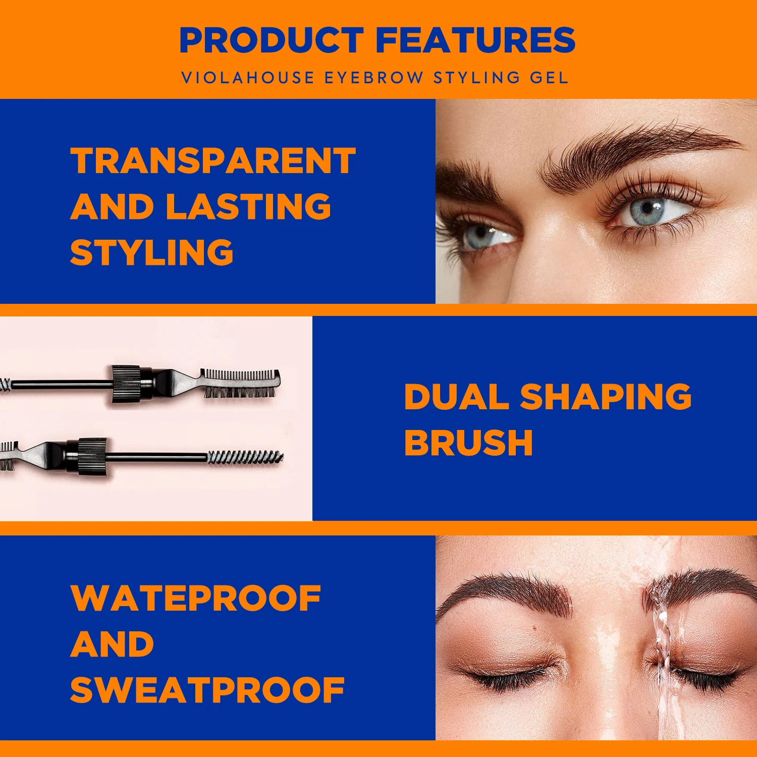 VIOLAHOUSE Eyebrow Glue Double-headed Brow Comb Waterproof Strong Hold Styling Clear Brow Glue Eyebrow Gel Private Label