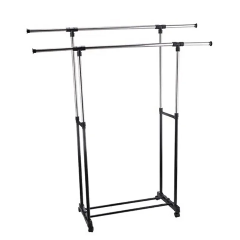 Factory Price Adjustable Height Double Poles Stainless Steel Movable Clothing Drying Rack Stand