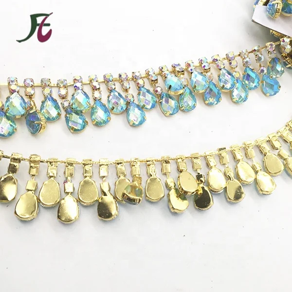 Fashion sparkling gold Green AB rhinestone green acrylic resin diamond tassel chain for shoes/bags/garment