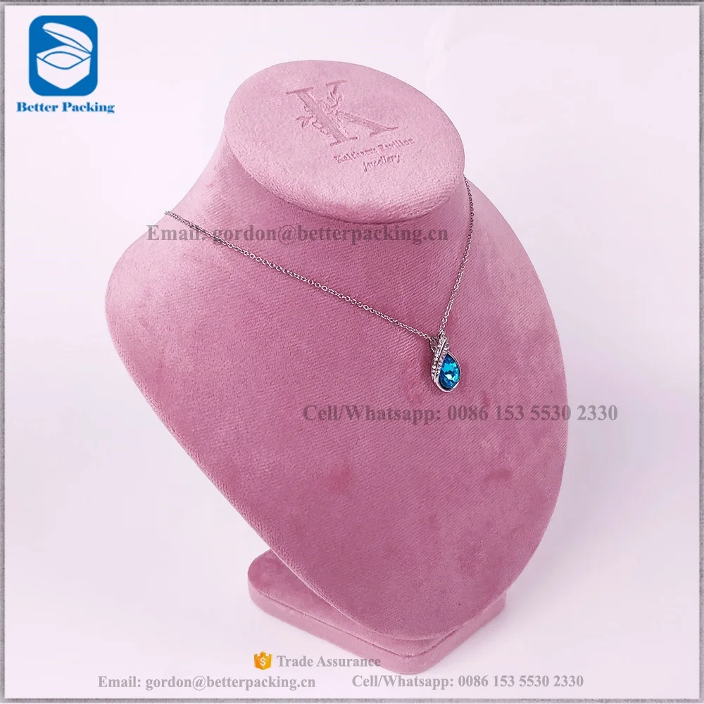 DT015N C Factory customized Blind Stamped LOGO Pink Velvet Jewelry display necklace bust Stand