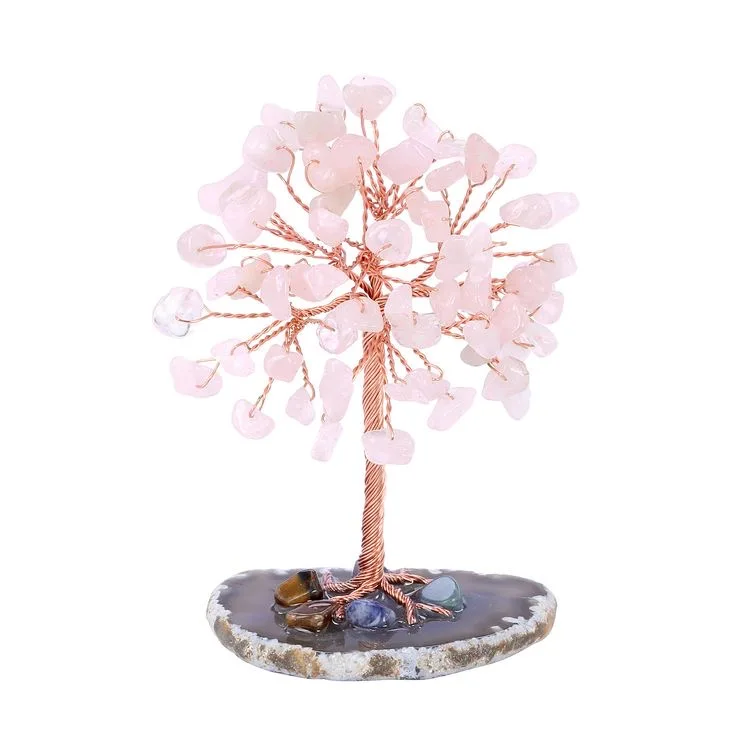 High-Quality Mini Crystal Money Tree with Copper Wire Wrap Agate Sliced Base Feng Shui Home Decor
