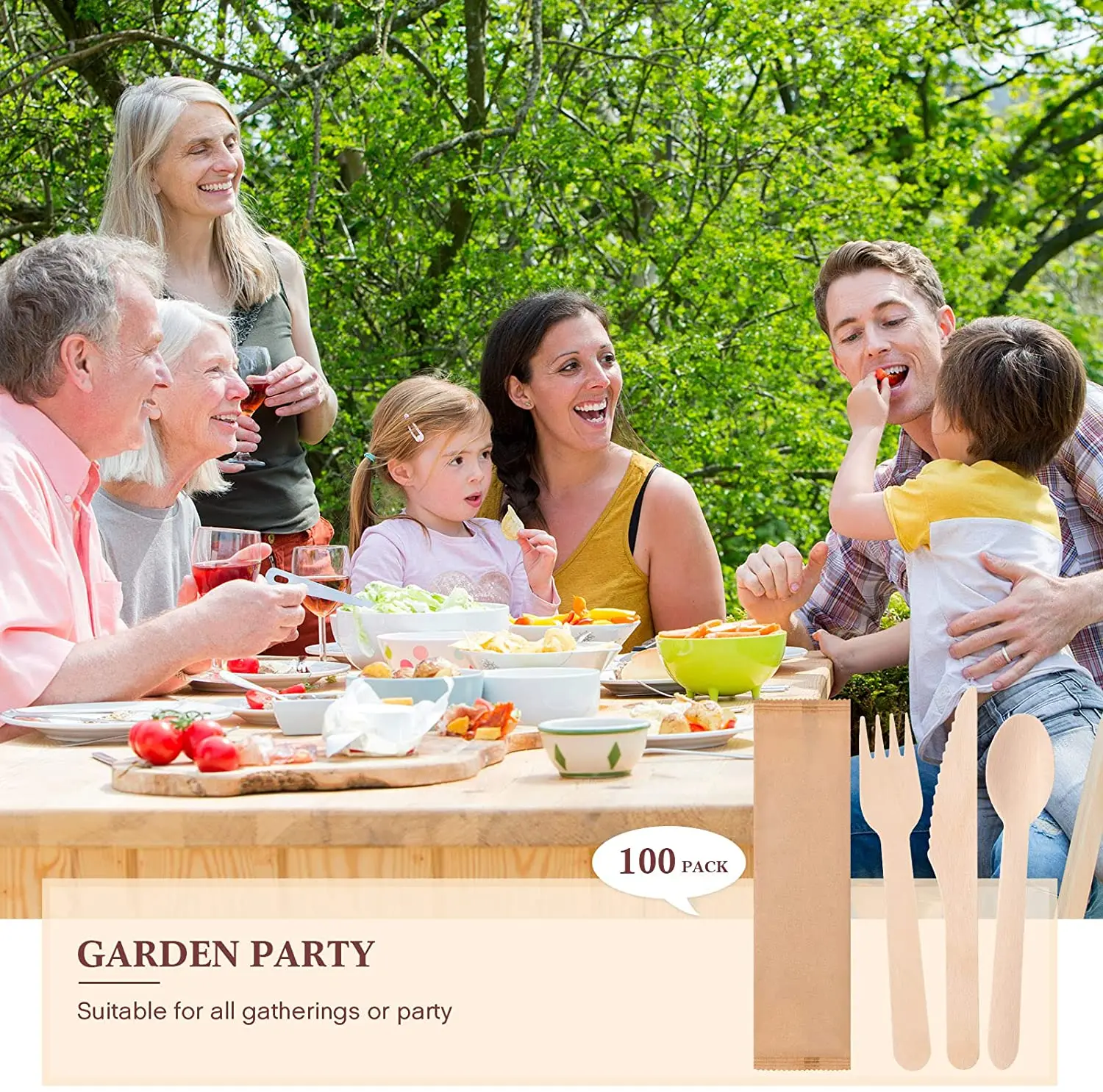 180mm Customized Logo Birch Spoon Knife Fork Biodegradable Disposable Wooden Cutlery Set